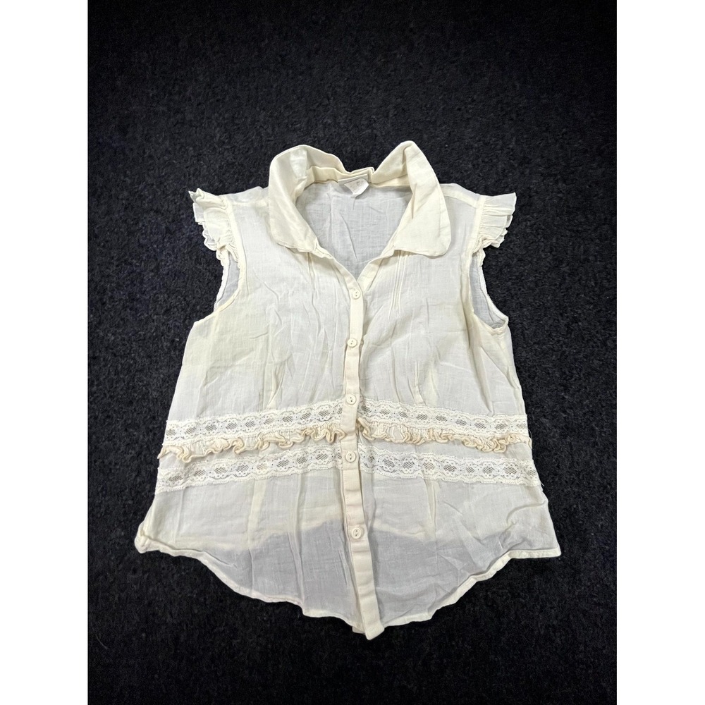 Vintage B True Shirt Womens Large Ivory Cotton Ruffle Lace Sleeveless Button Up